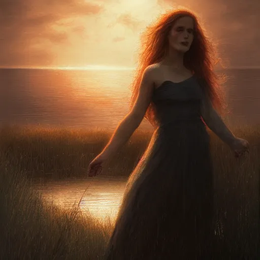 Prompt: beautiful young woman by the lake, sunset, hair waving in the wind, high detail, dramatic light, digital art, chiaroscuro, painted by seb mckinnon and greg rutkowski, trending on artstation