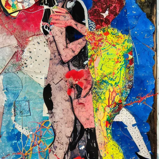 Image similar to two women kissing at a carnival in an alien world, mixed media collage, retro, paper collage, magazine collage, acrylic paint splatters, bauhaus, claymation, layered paper art, sapphic visual poetry expressing the utmost of desires by jackson pollock