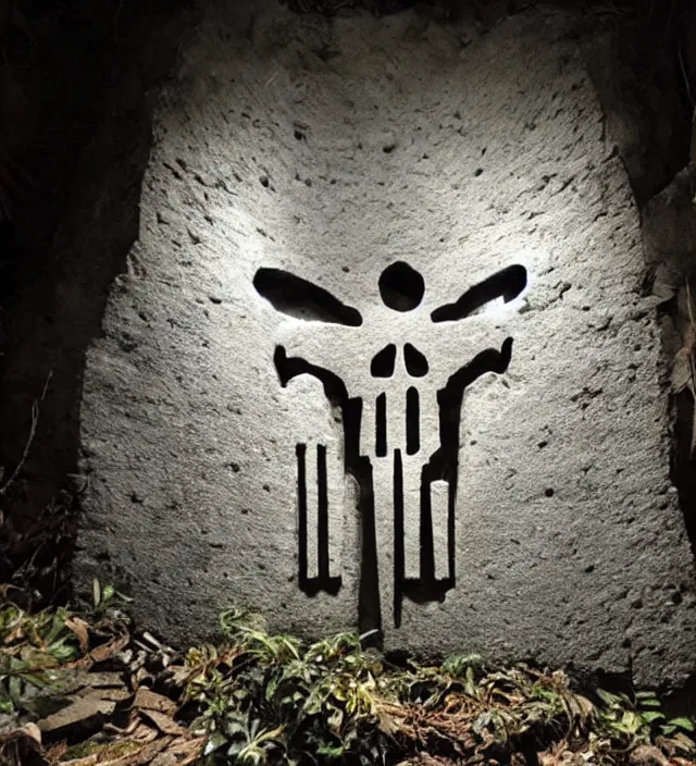 Prompt: punisher symbol carved deeply into stone edifice in the jungle with luminous smoke and light rays.