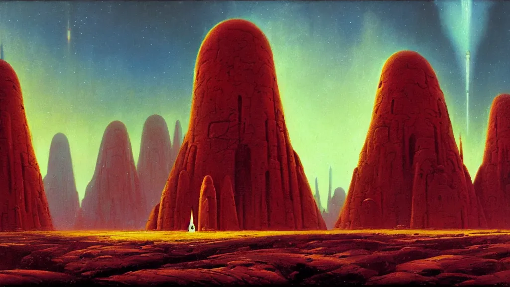 Prompt: mysterious monuments of an alien civilization by paul lehr and john schoenherr, cinematic matte painting