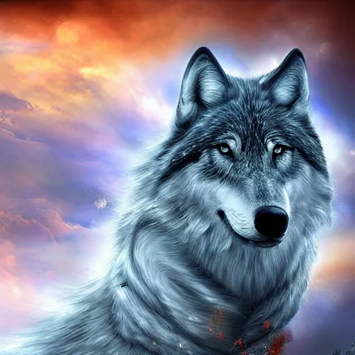 Prompt: of a fantasy sky and the gases and clouds shape into a wolf's head epic digital art