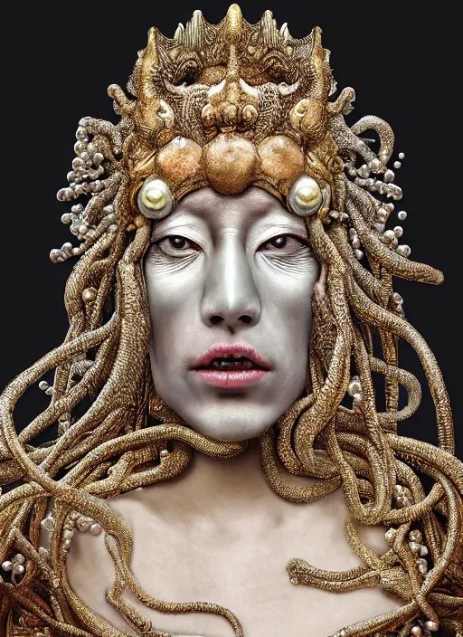 Image similar to hyperrealism, detailed textures, award winning autochrome photo, symetrical japanese pearl old screaming medusa queen autochrome pearl portrait, pearl silverplate, intricate, detailed facial pearl scary animal mask, pearl, golden jewelery, silverplate, ultra realistic, cinematic, intricate, cinematic light by steve mccurry, unreal engine 8 k