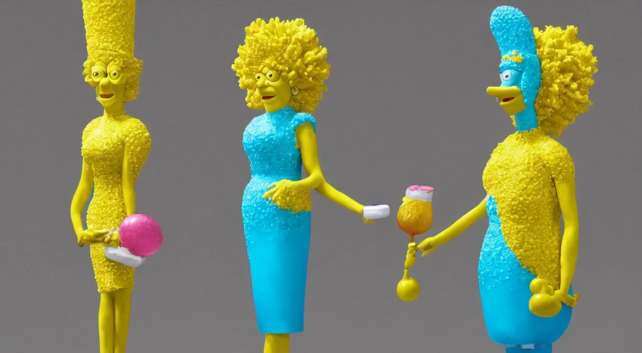 Prompt: a colorful gum sculpture of Marge Simpson made of gold and silver