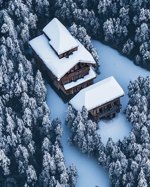 Prompt: hidden mansion in the alps with snow covered roof that was recently set on fire, zoomed out, shot from drone, iphone capture