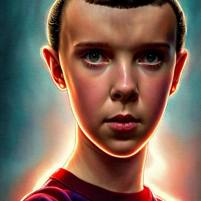 Image similar to Millie Bobbie Brown in Stranger Things as Eleven, diffuse lighting, fantasy, intricate, elegant, highly detailed, lifelike, photorealistic, digital painting, artstation, illustration, concept art, smooth, sharp focus, art by John Collier and Albert Aublet and Krenz Cushart and Artem Demura and Alphonse Mucha