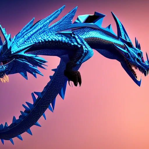 Image similar to a majestic black and blue dragon, hd, 4k, trending on artstation, award winning, 8k, 4k, 4k, 4k, very very very detailed, high quality lowpoly art