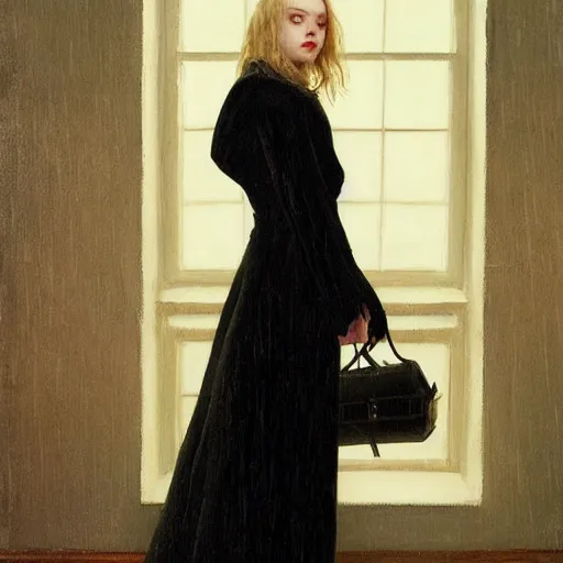 Image similar to Elle Fanning in a black coat, religious masterpiece portrait, oil on canvas, dark stormy night, the only light is from a lit torch, in the world of Andrew Wyeth and Bloodborne, artstation, by J. C. Leyendecker and Peter Paul Rubens,