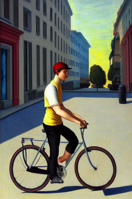 Image similar to young man riding a bicycle with a colorful energy, in the style of edward hopper, solarpunk, atmospheric, clean, intricate and epic composition, gray by caravaggio, insanely quality, highly detailed, masterpiece, white light, artstation, 4 k