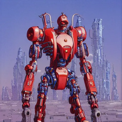 Prompt: arasaka mech, cyberpunk, art by michael whelan, red and blue neon