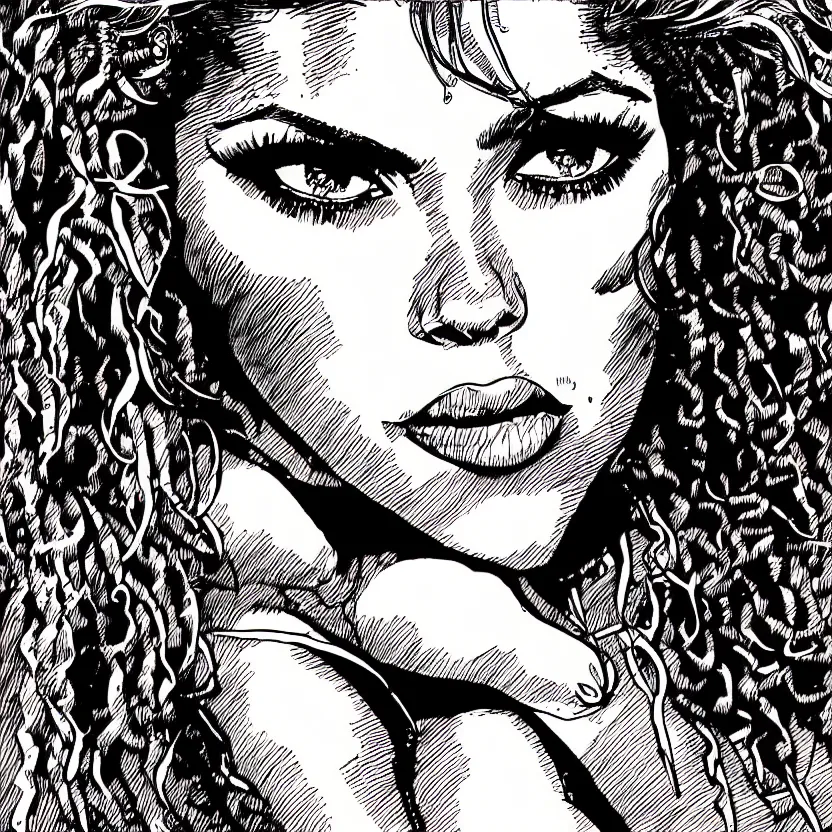 Image similar to portrait of shakira in the style of marc silvestri pen and ink drawing, high detail