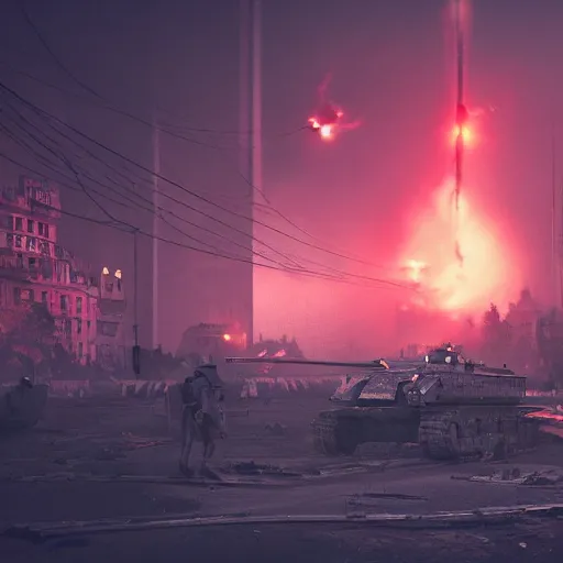 Image similar to Battle of Warsaw 2045, explosions, by Simon Stalenhag, 35mm film photography, eerie fog, imax film quality, octane render 8k trending on Artstation