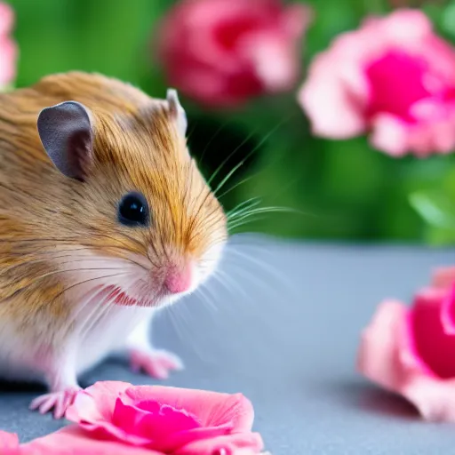 Image similar to detailed photo of a hamster holding roses, various poses, full body, unedited, daylight, dof 8 k