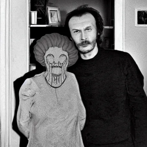 Prompt: alien is photographed with his beloved grandmother, soviet apartment, top secret style, realistic photo, 1 9 7 0 s, color