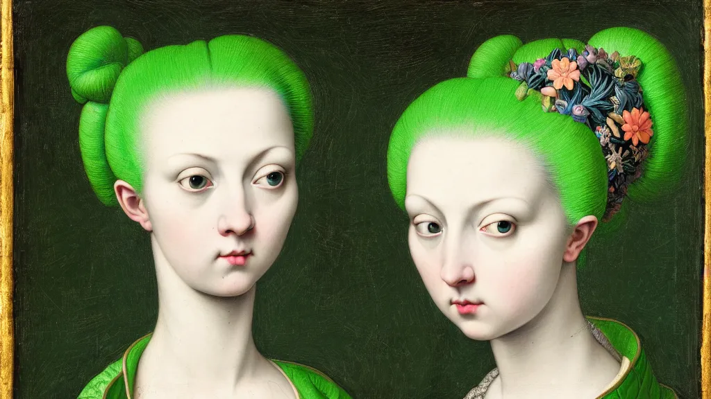 Prompt: portrait of a pale curvy woman with green blue hair buns, wearing a neon green puffer jacket, standing in a botanical garden, intricate details, high detail, in a high renaissance style, in the style of jacopo da pontormo, by mark ryden, punk, asian art,