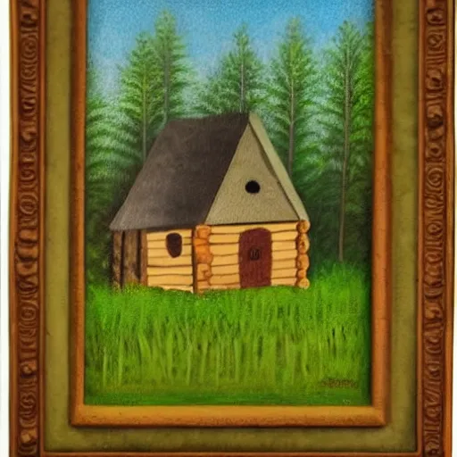 Prompt: a painting of a eerie cabin in the middle of the woods in the style of grant wood