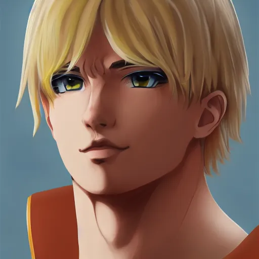 Image similar to portrait of an alpha male blond anime character, ultra realistic brush painting, profile picture