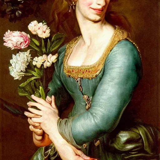 Image similar to Emily Blunt wearing green tunic holding a flower. Painted by Rubens, high detail