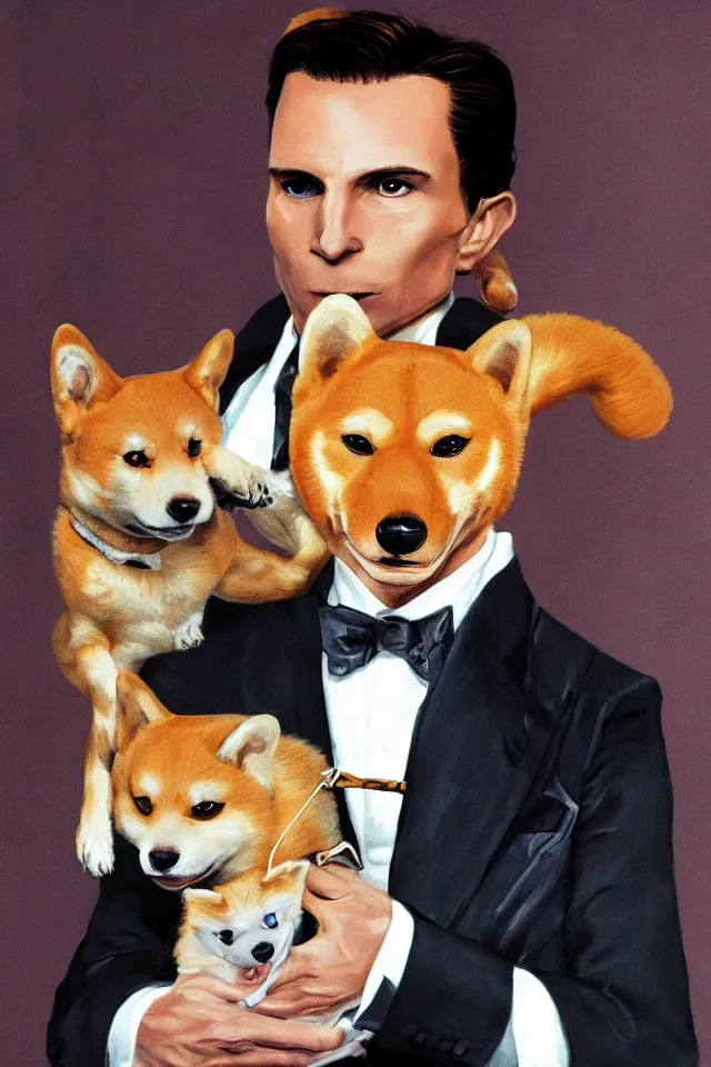 Prompt: a highly detailed portrait of patrick bateman from american psycho holding a shiba inu in his arms, hyperrealistic, highly detailed, 8 k, canon 2 4 mm f / 1. 4 lens,