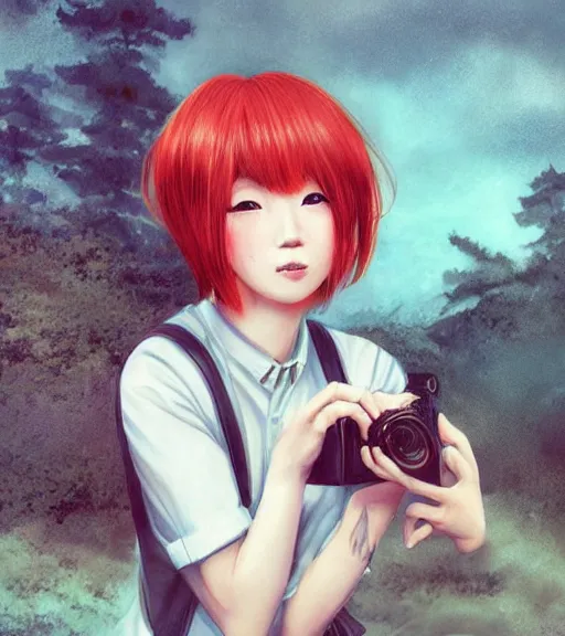 Prompt: mahiru koizumi, a redheaded japanese photographer with a bowl cut and a freckled face, takes a picture of you, adorable, beautiful art by stanley lau, artgerm, rossdraws, ross tran, sakimichan, cyarine, beautiful art