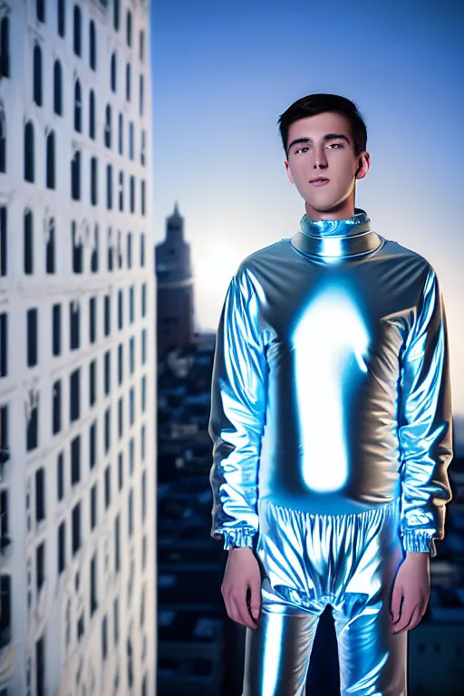 Image similar to un ultra high definition studio quality photographic art portrait of a young man standing on the rooftop of a british apartment building wearing soft baggy inflatable padded silver iridescent pearlescent clothing. three point light. extremely detailed. golden ratio, ray tracing, volumetric light, shallow depth of field. set dressed.