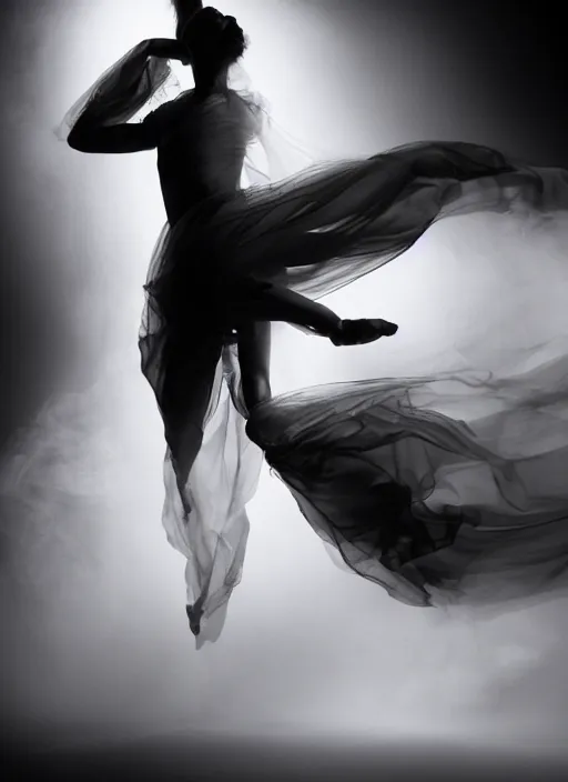 Image similar to a Photorealistic dramatic hyperrealistic render of a beautiful Female smoke dancer by Ken Brower and Deborah Ory of NYC Dance project,Lois Greenfield,Flowing cloth and smoke,Beautiful dynamic dramatic dark moody lighting,volumetric,shadows,cinematic atmosphere,Octane render,8K