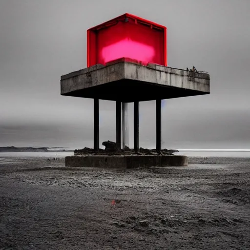 Prompt: an old robust concrete brutalist observation tower from ww 2 with red light coming from inside. the tower stands in a icelandic beach, black sand beach, blue hour, cloudy day, filip hodas, jakub rozalski, digital art, ( ( ( ( ( matte painting ) ) ) ) ), award winning, trending on artstation, cinematic