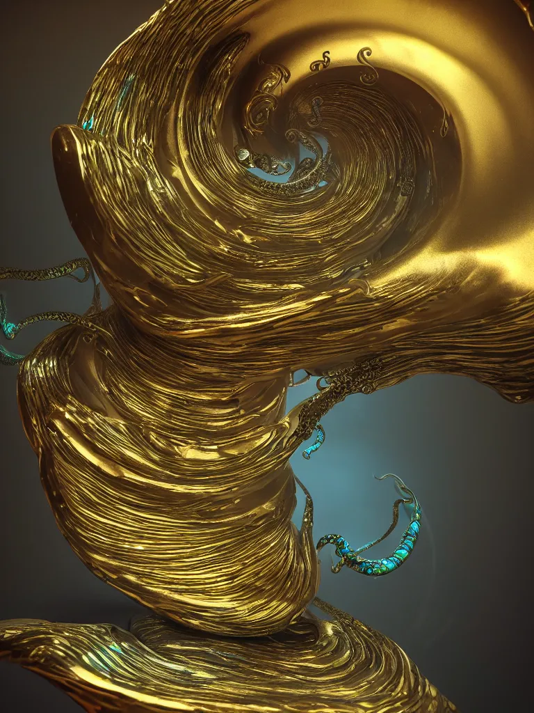 Image similar to nautilus, metallic, iridescent, tentacles, surreal, Octane Render, Unreal Engine