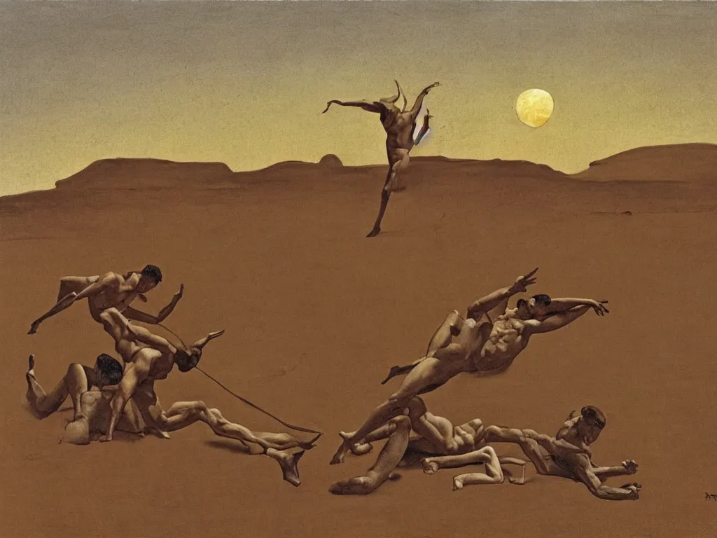 Image similar to Men wrestling in the mud, sculpted by Henri Moore. Moon light alien desert landscape. Painting by Georges de la Tour, Balthus, Roger Dean