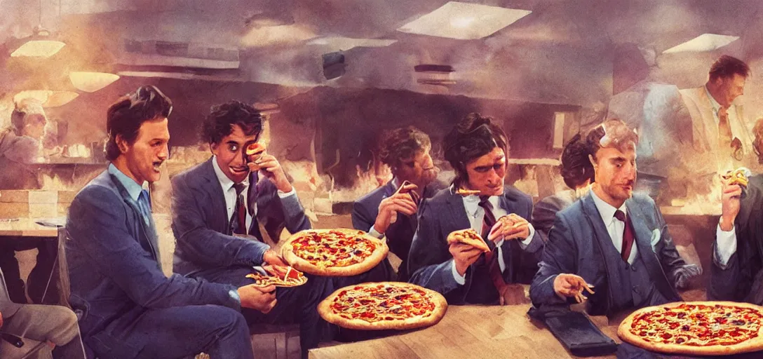 Prompt: men in suits eating a pizza, 80s style, happy, 8k, james gurney, greg rutkowski, john howe, artstation