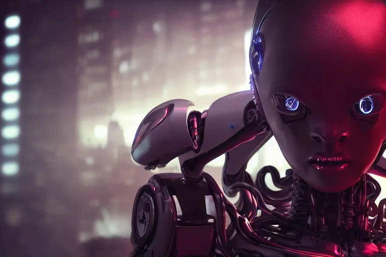 Image similar to cyberpunk alien concept inspired robot, futuristic look, highly detailed body, very powerful, photorealistic camera shot, bright studio setting, studio lighting, crisp quality and light reflections, unreal engine 5 quality render