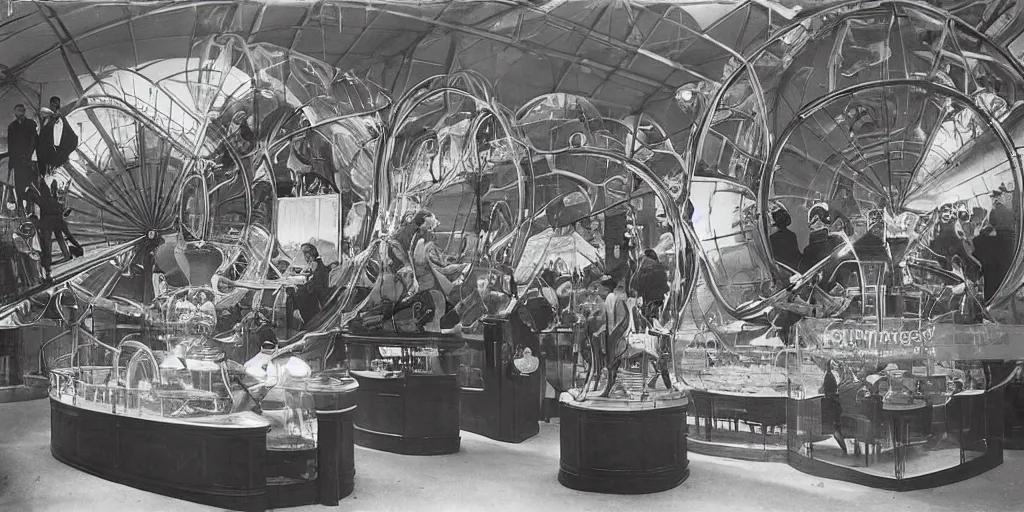 Image similar to futuristic invention display at the worlds fair, 1 9 0 0 s photograph