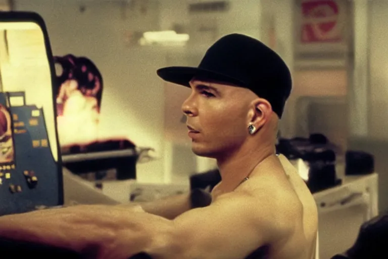 Prompt: pitbull playing a pitbull themed pinball machine, over the shoulder perspective, in 1 9 8 5, y 2 k cybercore, industrial low - light photography, still from a kiyoshi kurosawa movie