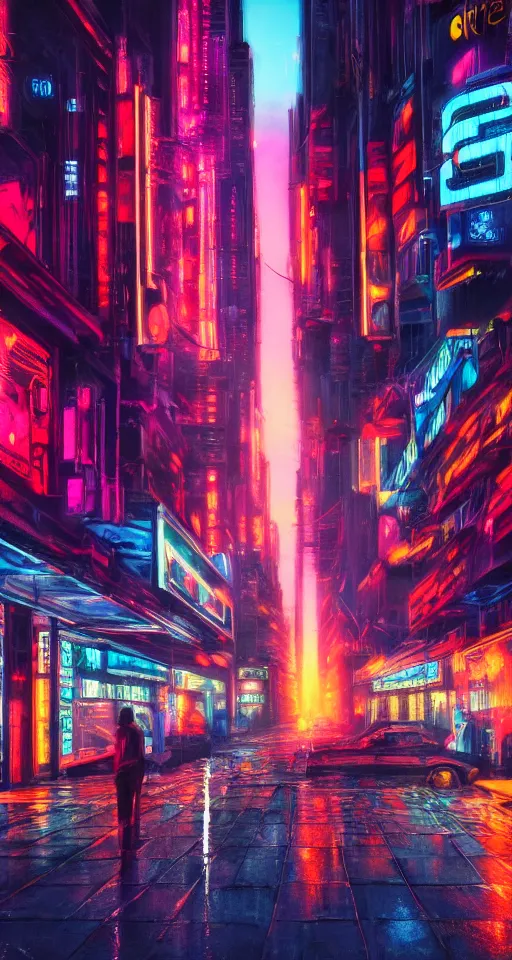 Image similar to hyperrealism oil painting, cyberpunk, city, neon lights, glow, retrowave style, sunset,