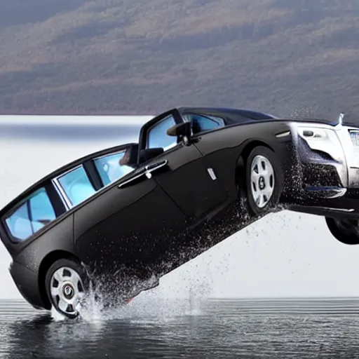 Image similar to Group of teenagers push Rolls-Royce into lake with their hands from a small slide