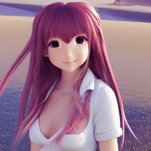 Image similar to Render of a cute 3d anime girl, long pink hair, full bangs, hazel eyes, cute freckles, full round face, soft smile, cute sundress, golden hour, serene beach setting, medium shot, mid-shot, trending on Artstation, Unreal Engine 4k