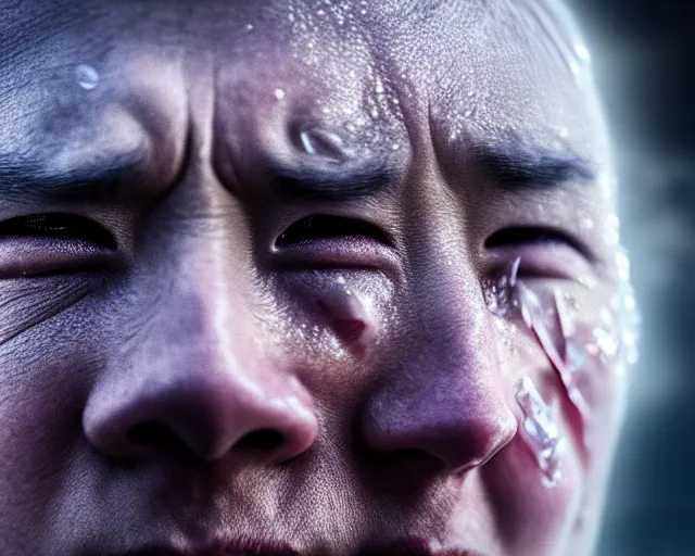 Image similar to justin sun crying as night king in game of thrones, extreme close - up of head encased in clear ice ball, crimson - black bee army behind, 4 k, epic, cinematic, focus, movie still, fantasy, extreme detail, atmospheric, dark colour, sharp focus