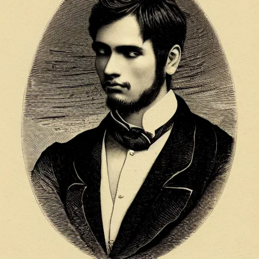 Prompt: A beautiful 19th century wood-engraving of a young Spanish man, by Édouard Riou Jules Férat and Henri de Montaut, highly detailed, fine Art, high detail, great lighting, 8k resolution, masterpiece, concept art, illustration, clear eyes, HDR, trending on artstation, 4k, 8k, HD