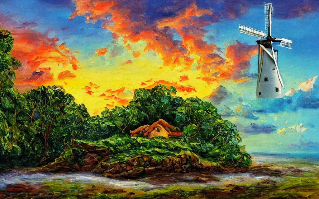 Prompt: a small island with a cozy cottage, tropical forest, river, waterfall, windmill, garden courtyard, sunset, puffy clouds, dynamic lighting, thick brush strokes oil impasto painting