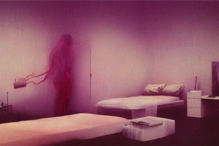 Image similar to IKEA catalogue photo, vaporwave teenage bedroom by Beksiński