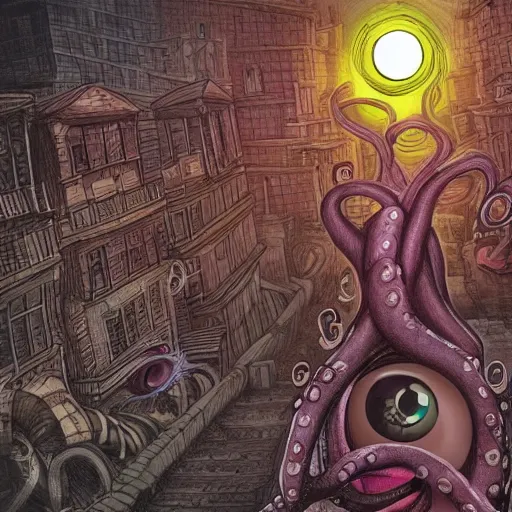 Prompt: a massive eyeball monster with tentacles conquering a city