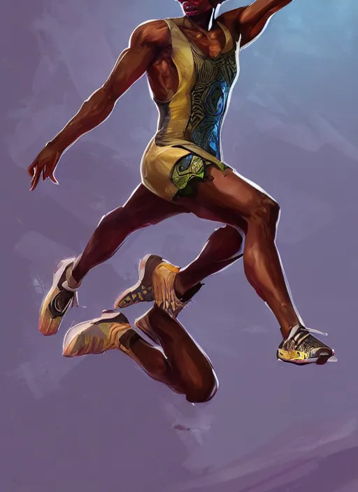 Prompt: a highly detailed illustration of attractive young african guy with short hair wearing track and field suit, heroic jumping pose, by greg rutowski, intricate, elegant, highly detailed, centered, digital painting, artstation, concept art, smooth, sharp focus, league of legends concept art, wlop