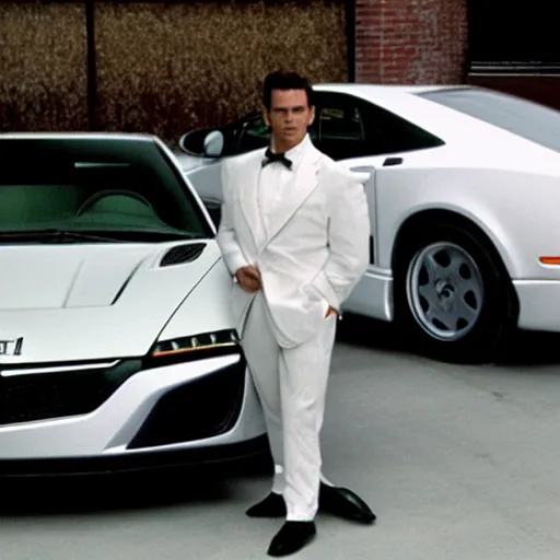 Image similar to Patrick Bateman standing next to his white Acura Honda NSX movie still from American Psycho mid day screenshot