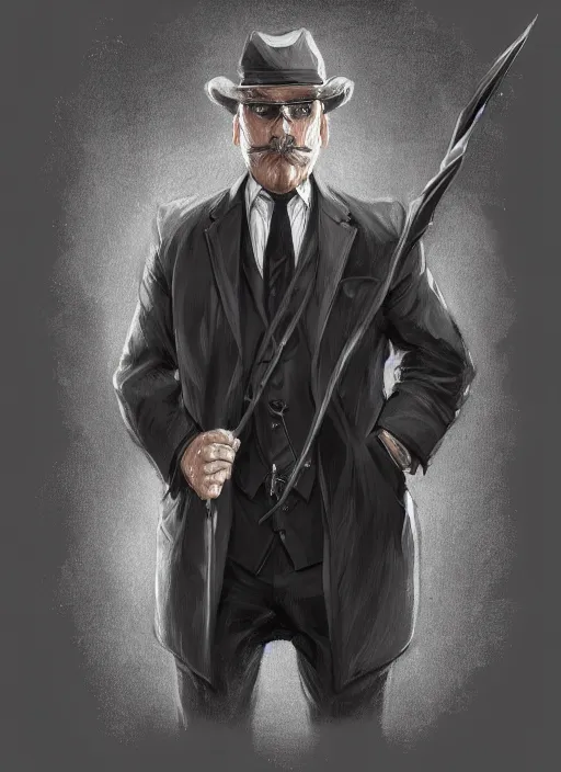 Image similar to a highly detailed illustration of 6 7 year - old clean - shaven chubby white man wearing black detective coat with necktie, heroic pose, strings background, intricate, elegant, highly detailed, centered, digital painting, artstation, concept art, smooth, sharp focus, league of legends concept art, wlop.