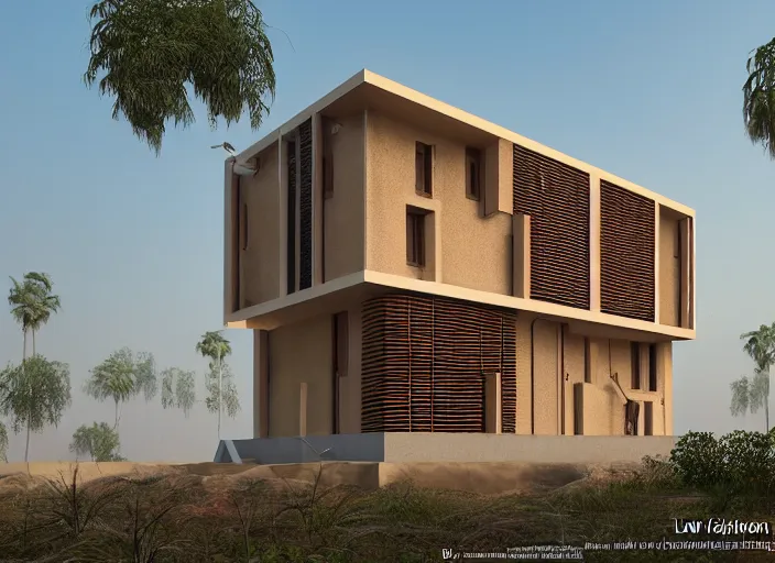 Image similar to low - cost housing designed by architect b v doshi, contemporary indian architecture style ; wide angle view 1 4 mm lens f 2 2 ; evermotion archexterior, v - ray + unreal engine + real life natural photo + daz studio iray + highly detailed 8 k textures + hdr lighting, ray traced, vue render, artstation