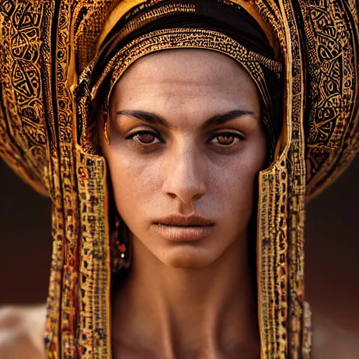 Image similar to portrait of a stunningly beautiful middle eastern tribal female, depth of field, zeiss lens, detailed, symmetrical, centered, fashion photoshoot, by Annie Leibovitz and Steve McCurry, David Lazar, Jimmy Nelsson, Breathtaking, 8k resolution, extremely detailed, beautiful, establishing shot, artistic, hyperrealistic, beautiful face, octane render