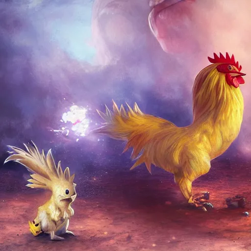 Image similar to expressive oil painting of ( ( ( rooster ) ) ) pikachu chimera, by jean - baptiste monge, octane render by yoshitaka amano, by greg rutkowski, by artgerm