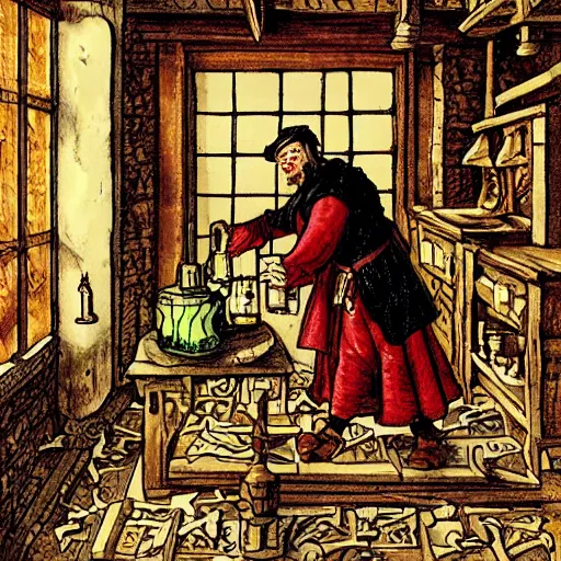 Prompt: a medieval scientist dropping a potion on the floor in his cabin, dynamic, expressive, psychedelic, extreme detail, ornate, intricate, decorative, fantasy