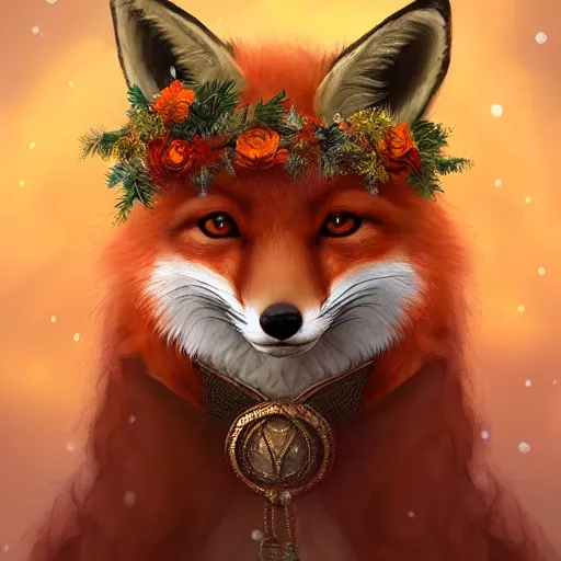 Image similar to portrait of a fox wearing a tiara, wreath flowers, fantasy art, d & d, trending on artstation, beautiful art, highly detailed