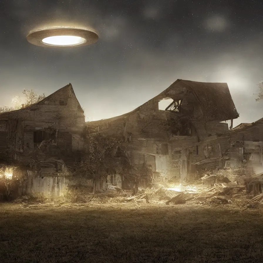 Image similar to a ufo floats over a broken barn, debris floats upwards, volumetric lighting, night, photorealistic rendering, color palette, 8 k, hyperdetailed