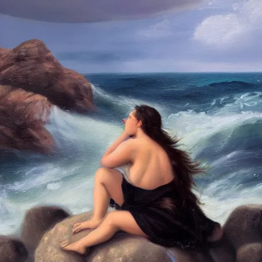 Prompt: oil painting of siren sitting on a rock being lashed by waves and singing, stormy weather, ocean